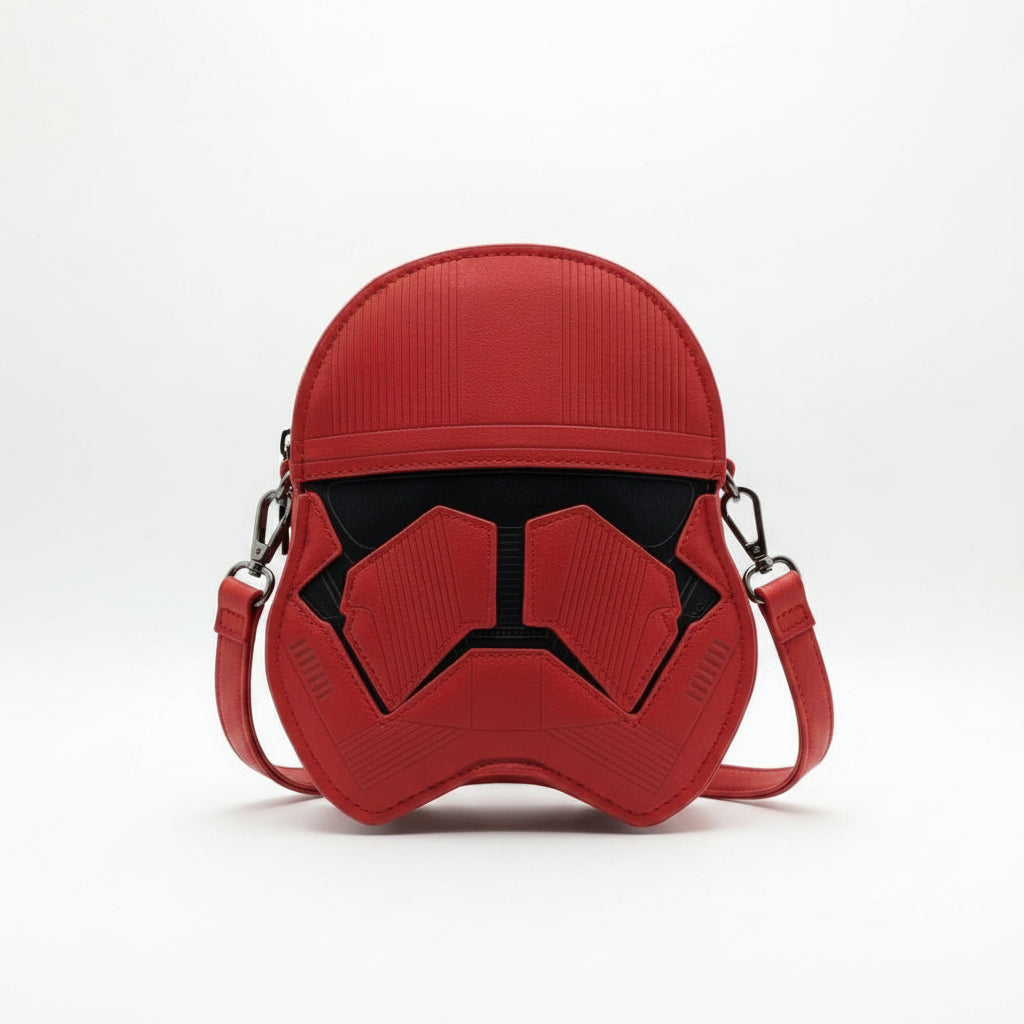 Red stormtrooper helmet-shaped pouch on a white background