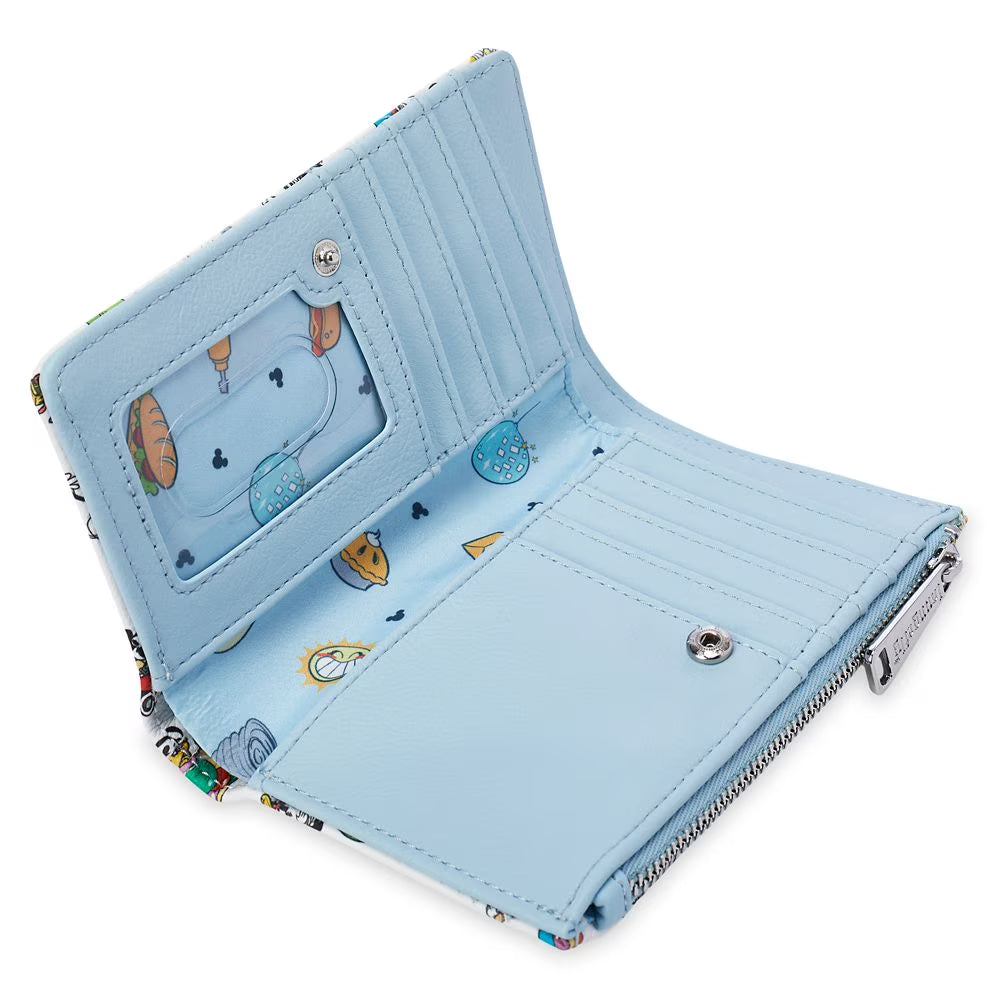 Light blue wallet with cartoon character design on a white background