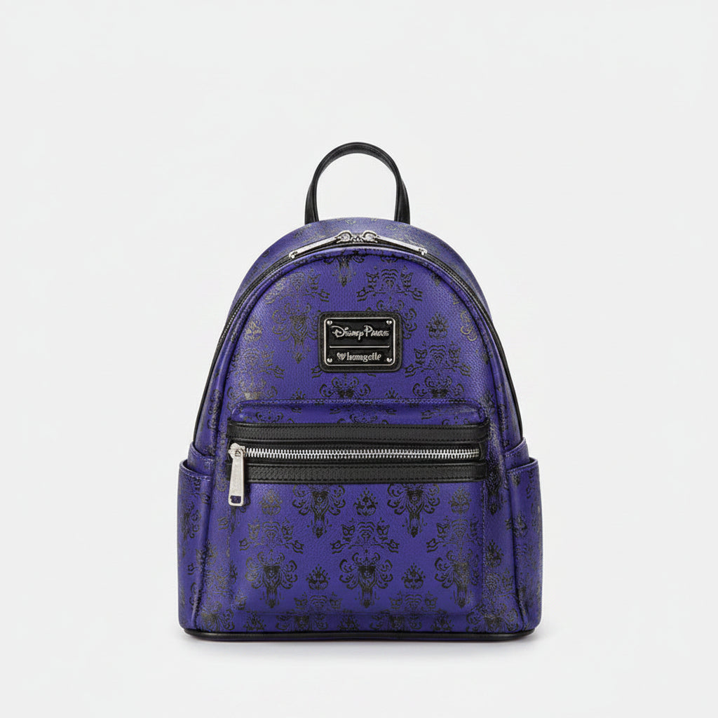 Blue backpack with black pattern and visible brand logo on a white background