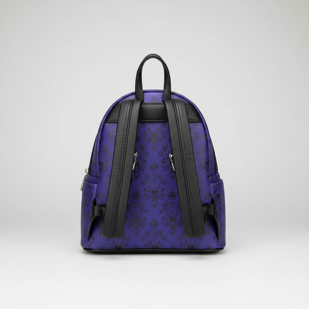 Purple backpack with black pattern and black straps on a white background