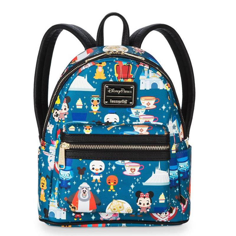 Colorful backpack with cartoon character design on a white background