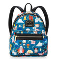 Colorful backpack with cartoon character design on a white background