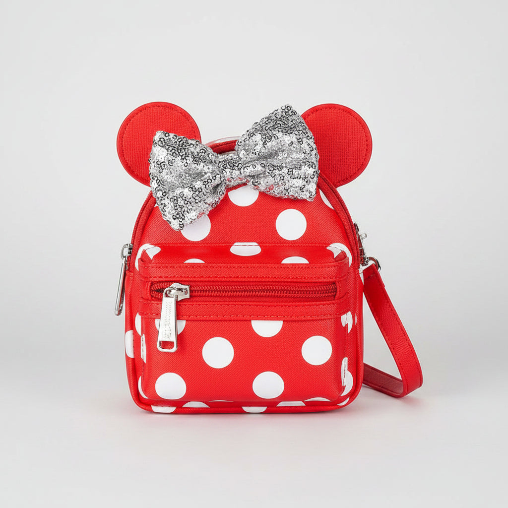Red polka dot bag with Minnie Mouse ears and bow on a white background