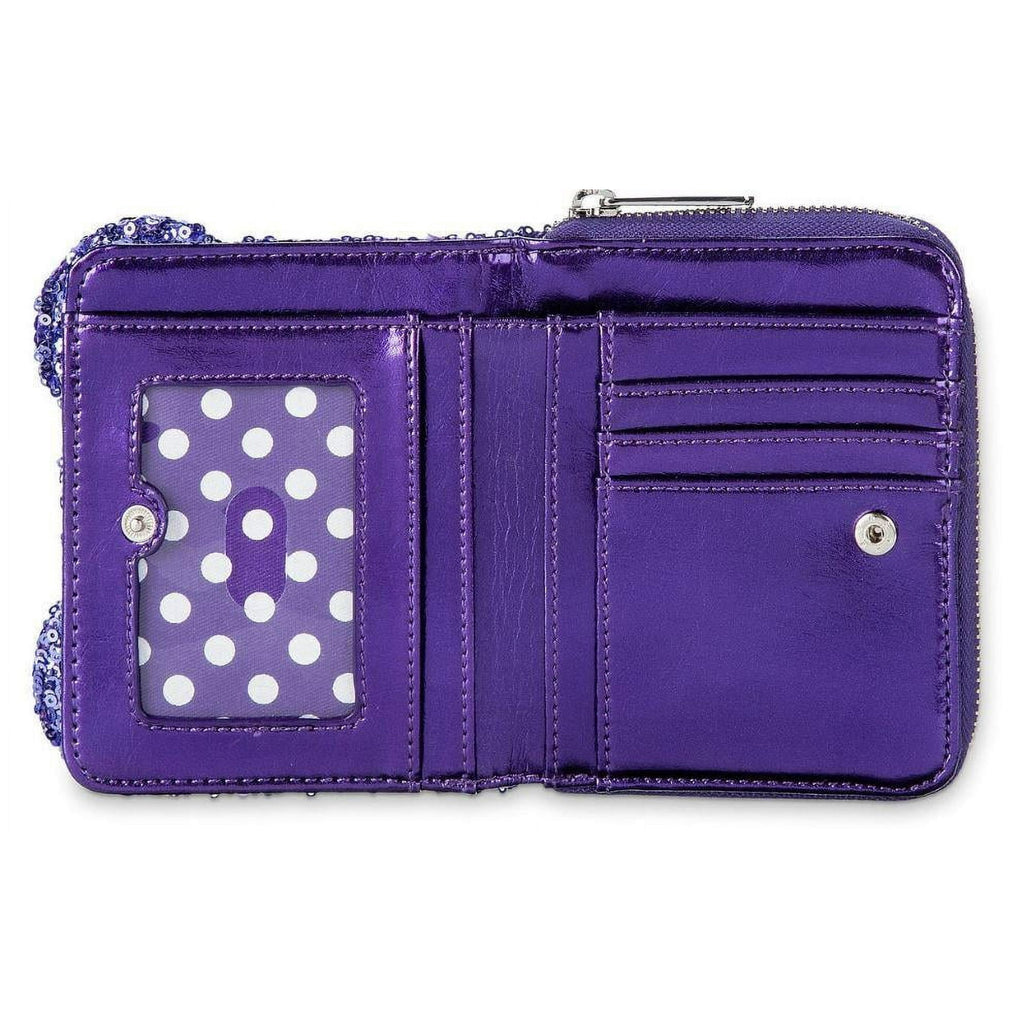 Purple wallet with a polka dot card holder on a white background
