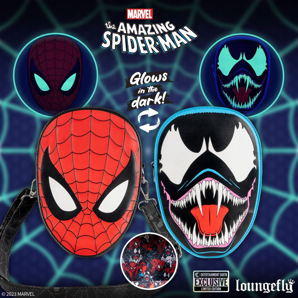 Limited Edition Spider-Man vs. Venom Glow-in-the-Dark Mask Crossbody Bag by Loungefly