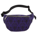 Purple waist bag with black pattern and black strap on a white background