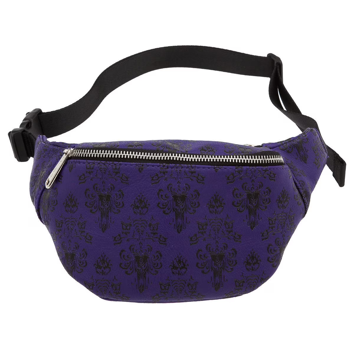 Purple waist bag with black pattern and black strap on a white background