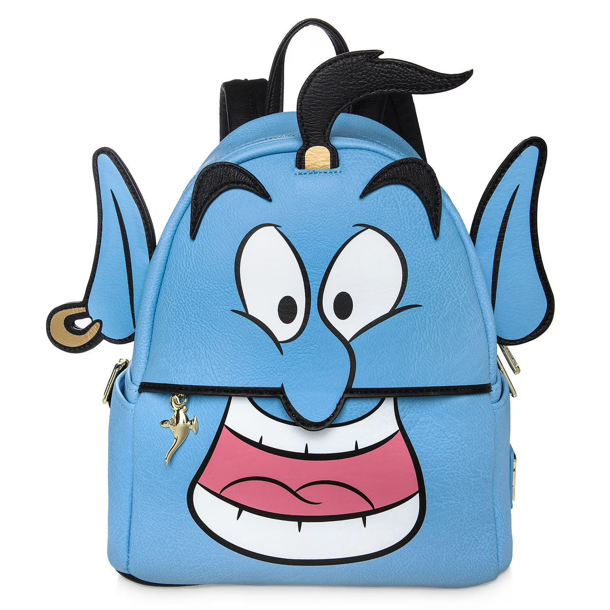 Backpack designed like a cartoon character with a blue face, black hair, and a pink tongue.