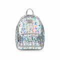 Clear backpack with colorful confetti pattern on a white background