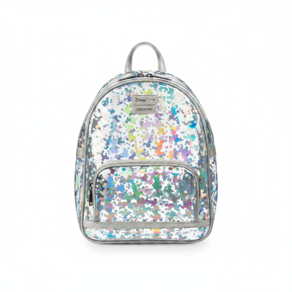 Clear backpack with colorful confetti pattern on a white background