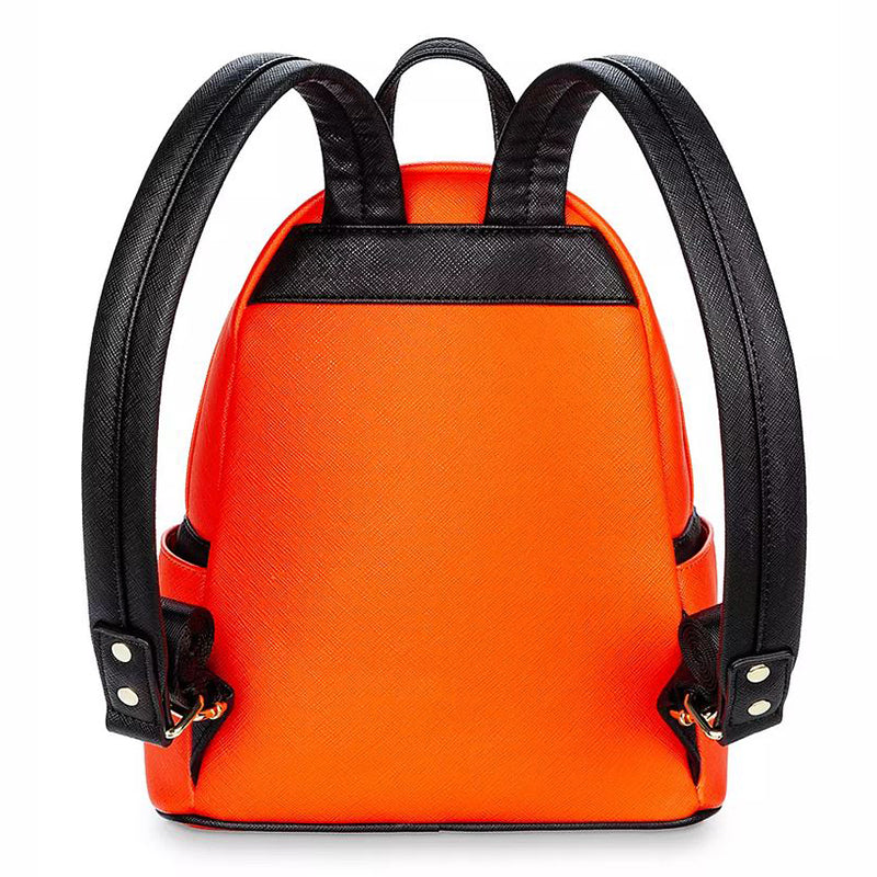 Orange backpack with black straps on a white background