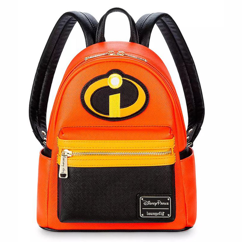 Orange backpack with black and yellow design featuring a logo, on a white background.