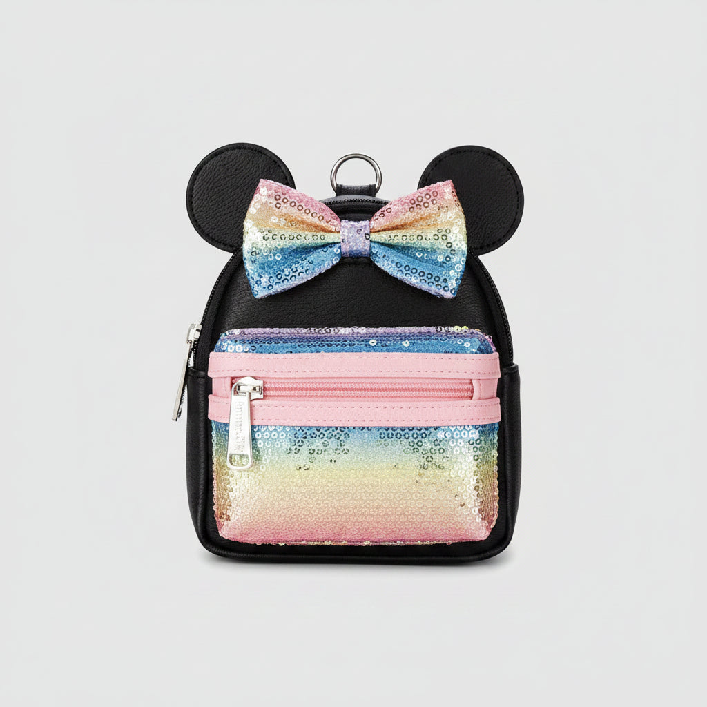 Small backpack with rainbow sequin bow and ears on a white background
