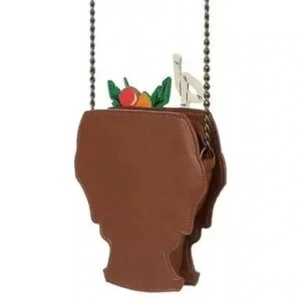 Brown wine glass-shaped bag with decorative elements on a white background