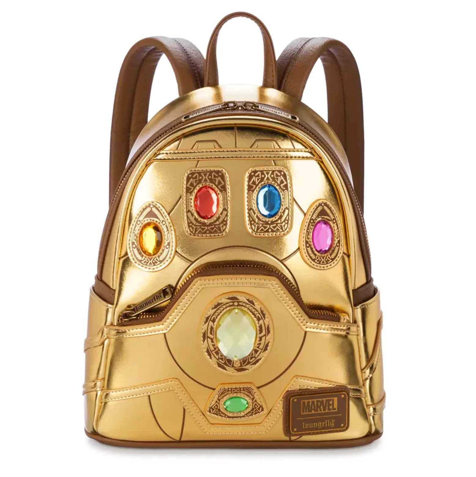 Gold backpack with gemstones resembling the Infinity Gauntlet on a white background