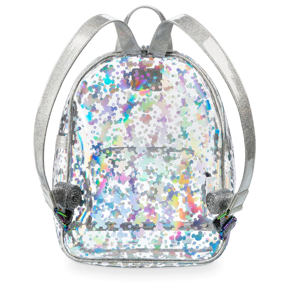 Clear backpack with colorful confetti pattern on a white background
