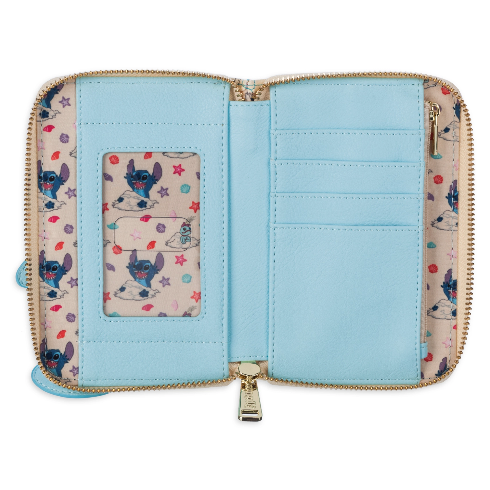 Open wallet with blue interior and patterned exterior on a white background