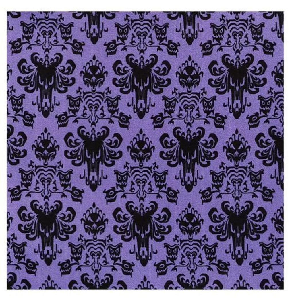 Black pattern of skulls and bats on a purple background
