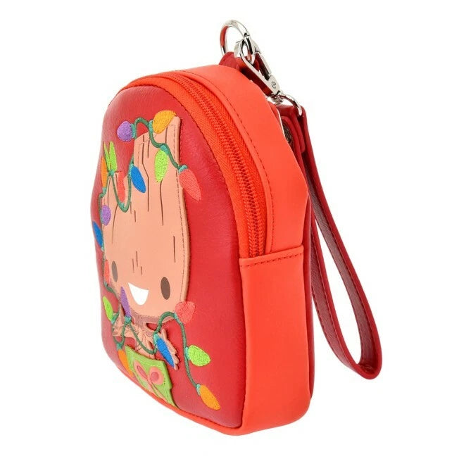 Red pouch with Baby Grootand Christmas lights design on a white background