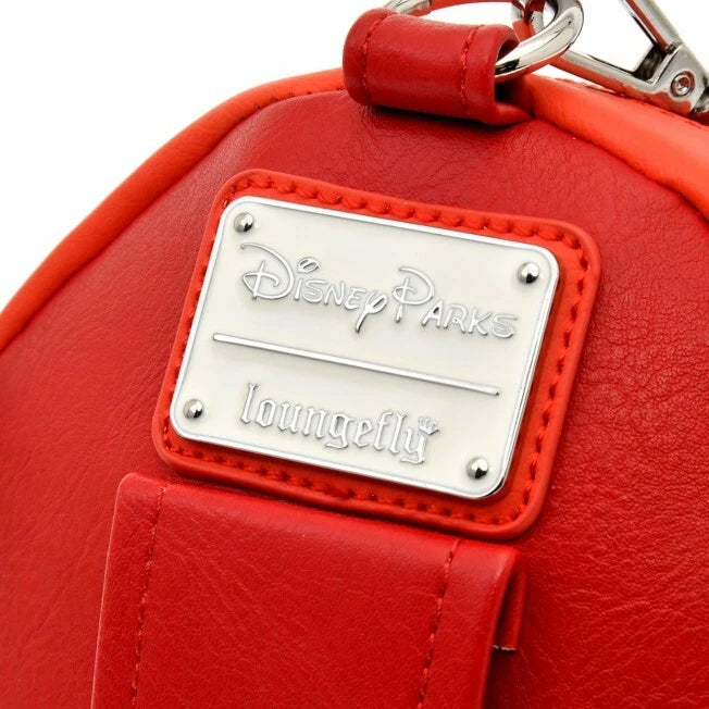 Red bag with a silver 'Disney Parks' and 'loungefly' logo on a white background