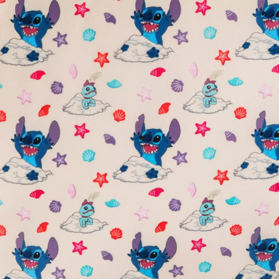 Pattern of a cartoon character on a beige background with colorful stars and shells.