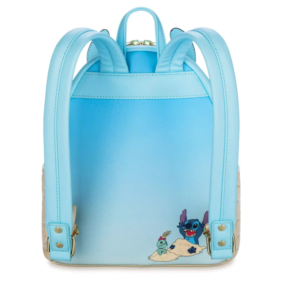 Light blue backpack with cartoon character design on a white background
